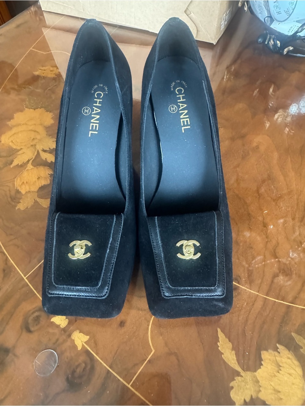 Black Suede Square-Toe Heels with Gold CC front Sz 10.0